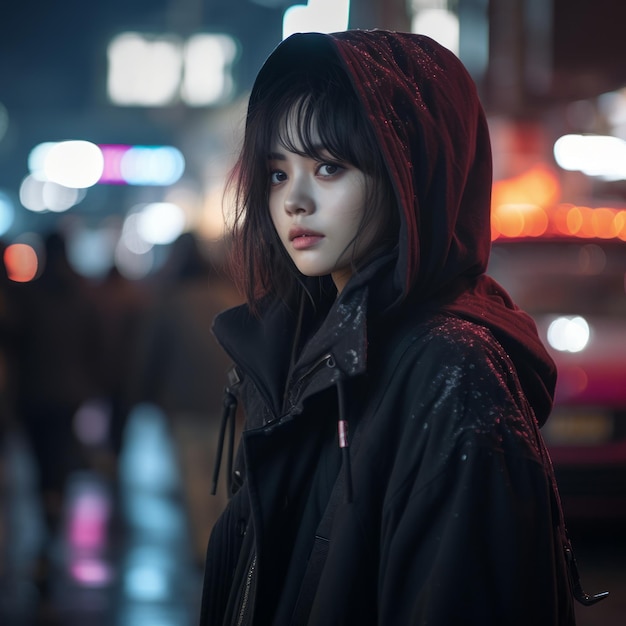 una donna asiatica con una giacca con cappuccio in piedi nel mezzo di una strada cittadina di notte