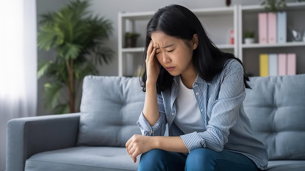 Una donna asiatica depressa che piange, stressata da mal di testa, seduta sul divano nel soggiorno di casa.