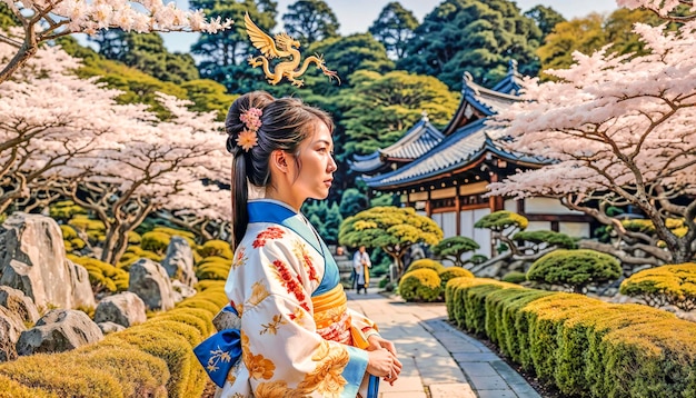 Una donna asiatica di nobiltà in un kimono festivo cammina lentamente attraverso un giardino giapponese in fiore