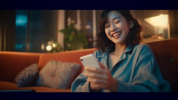 Una donna asiatica felice che usa lo smartphone sul divano del soggiorno