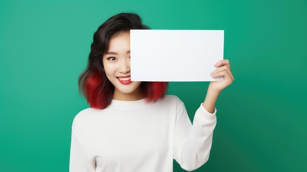 Una donna asiatica felice con un poster bianco nelle mani