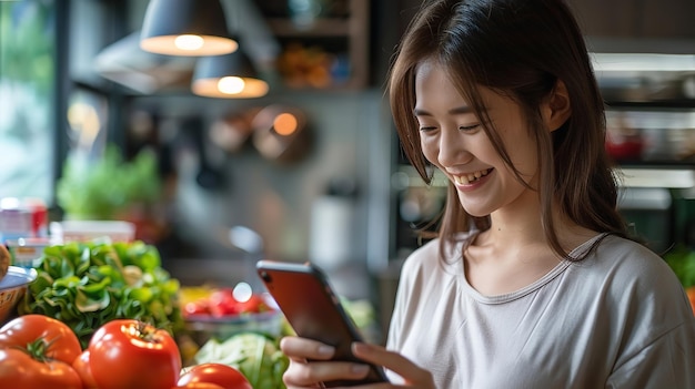 Una donna asiatica felice in cucina con nuovi generi alimentari utilizzando il suo smartphone Generative Ai