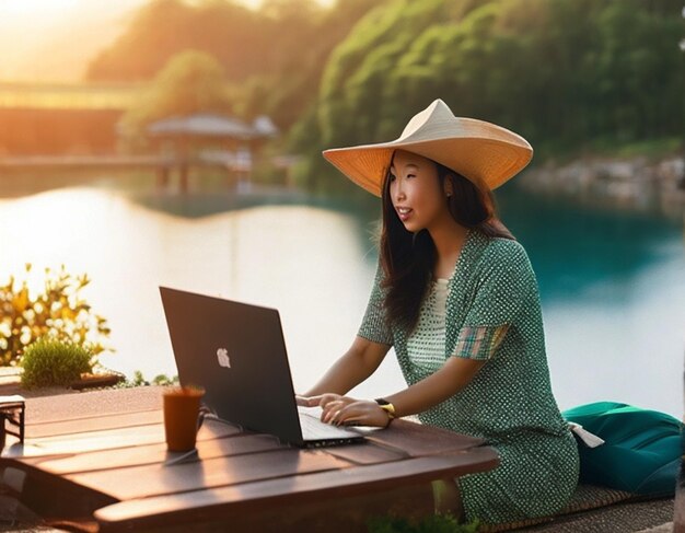 Una donna asiatica freelance che lavora su un portatile accanto al lago