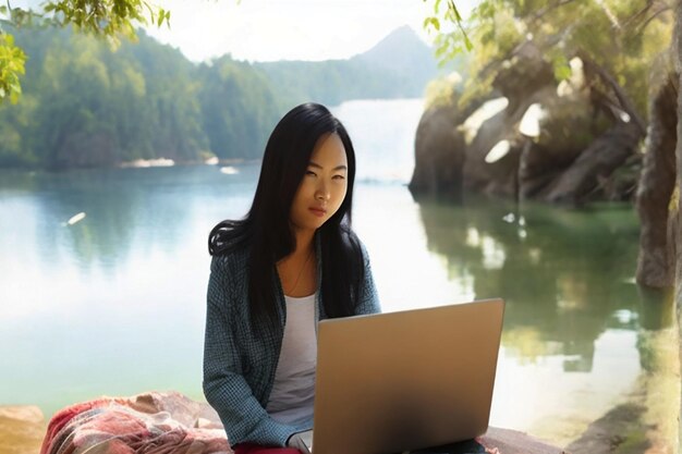 Una donna asiatica freelance che lavora su un portatile accanto al lago