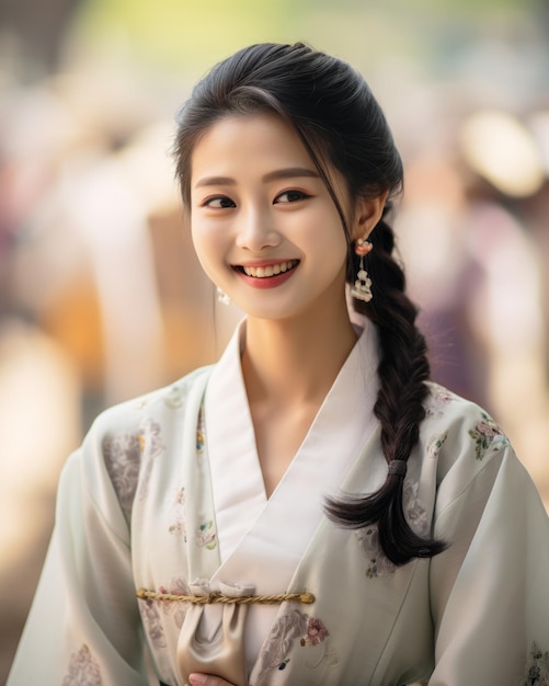 una donna asiatica in un abito tradizionale coreano