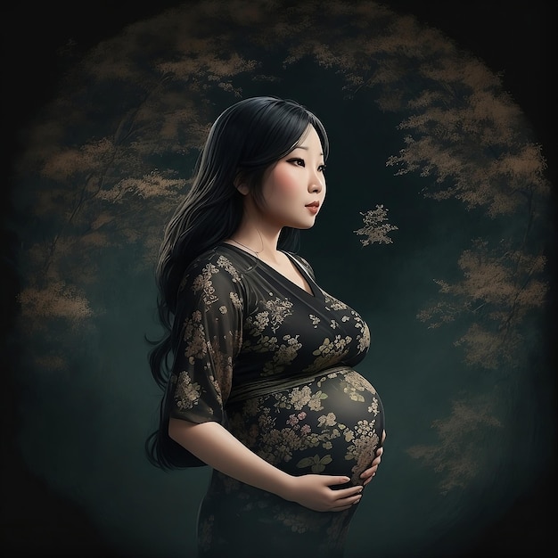 una donna asiatica incinta con un top fiorito si trova di fronte a un muro con un motivo floreale