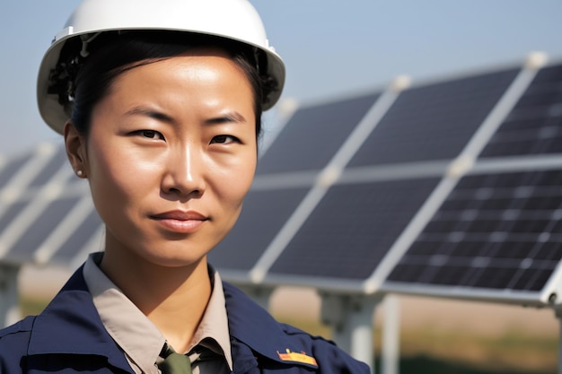 Una donna asiatica si trova in cima a un pannello solare che guarda il cielo e agisce sulla tecnologia delle energie rinnovabili per la conservazione dell'ambiente