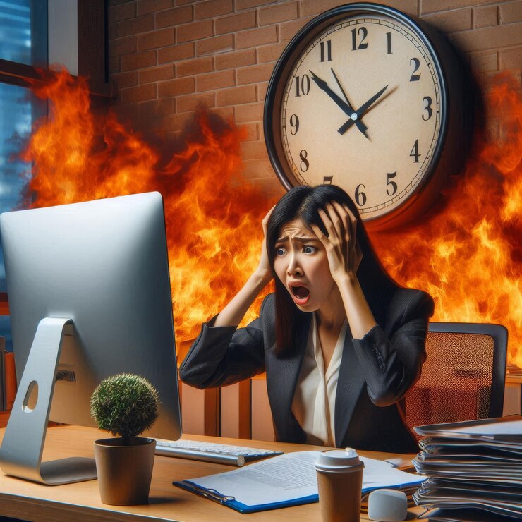 Una donna asiatica sta lavorando nel caos e nel fuoco sotto la pressione della scadenza con un orologio che ticca nelle vicinanze Generative ai