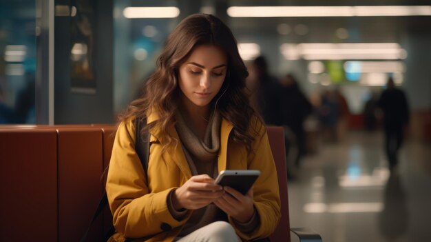 Una donna aspetta un volo Usa uno smartphone e si siede nella sala d'imbarco di una compagnia aerea vista dalla finestra di vetro del terminal dell'aeroporto con una vista di un aereo