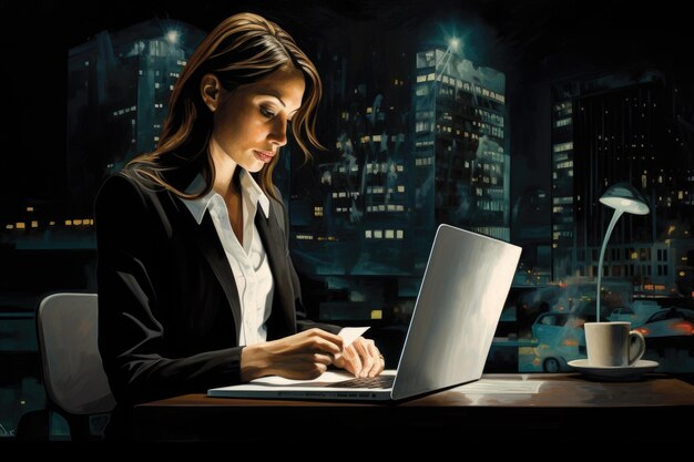 Una donna assorbita dal lavoro usa il suo portatile a una scrivania Closeup di una donna d'affari che usa un portatile generato da AI
