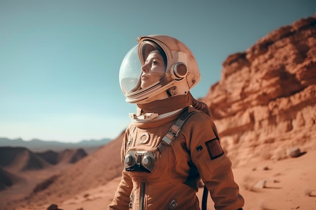 Una donna astronauta in una tuta spaziale e un casco sul pianeta Marte guarda nel cielo marziano AI generato AI generativ