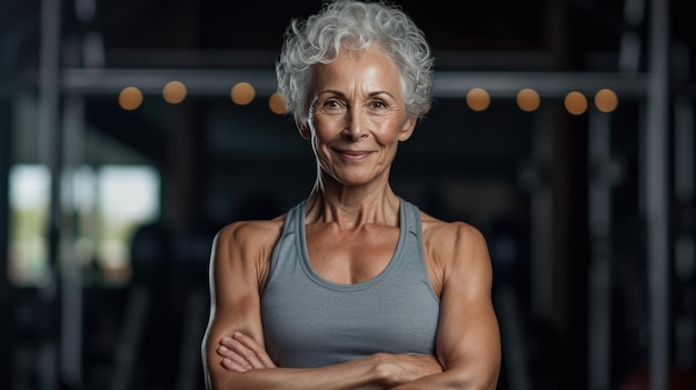 Una donna atletica anziana si trova con le braccia incrociate davanti alla palestra creata con la tecnologia Generative AI