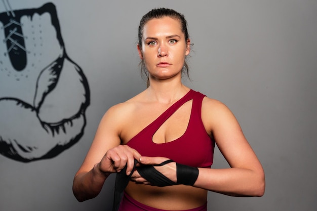 Una donna atletica si avvolge le bende da boxe sulle mani.