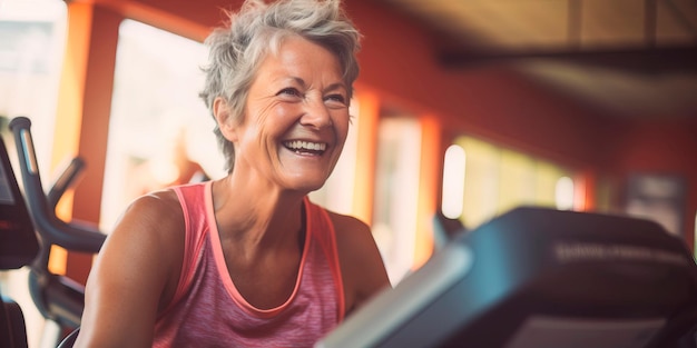 Una donna attiva conduce uno stile di vita sano Una donna anziana allegra che fa esercizi sulla macchina da ginnastica