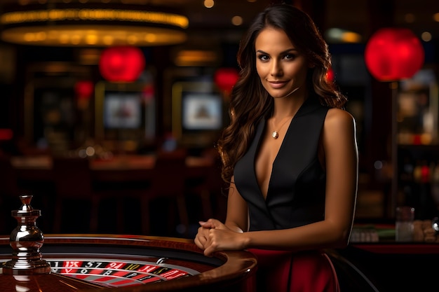 Una donna attraente che scommette sulla roulette in un casinò.