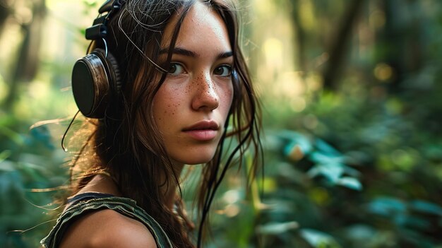 Una donna attraente con le cuffie sta ascoltando musica all'aperto in natura