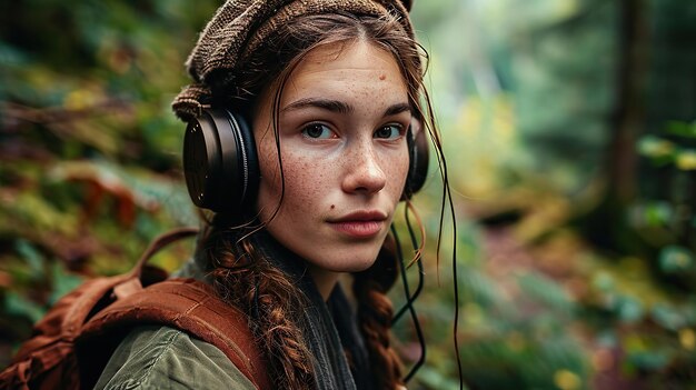 Una donna attraente con le cuffie sta ascoltando musica all'aperto in natura