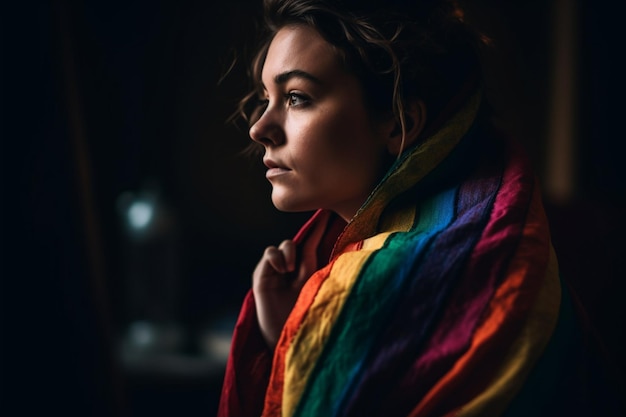 Una donna avvolta in una sciarpa arcobaleno guarda fuori da una finestra.