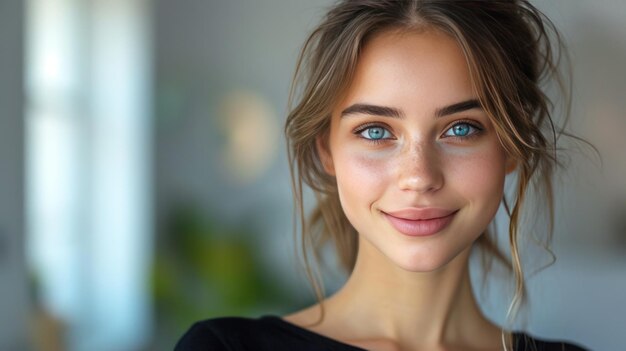 una donna ben curata in nero con un bel sorriso sul viso