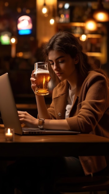 una donna beve un bicchiere di birra mentre utilizza un computer portatile.