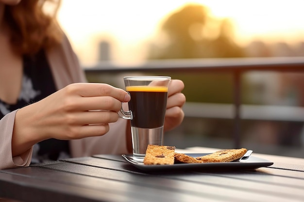 Una donna beve un dettaglio di caffè nero della tazza