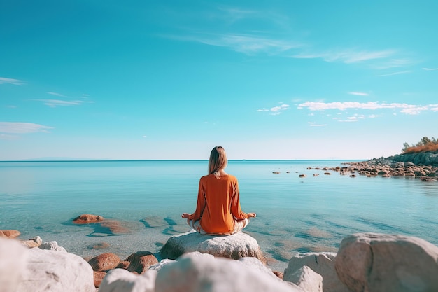 Una donna bianca sta meditando sulla spiaggia.