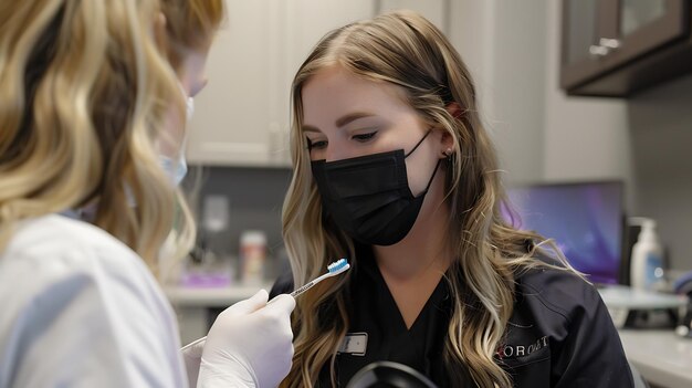 Una donna bionda che indossa una maschera nera sta guardando uno spazzolino da denti tenuto da una mano con i guanti