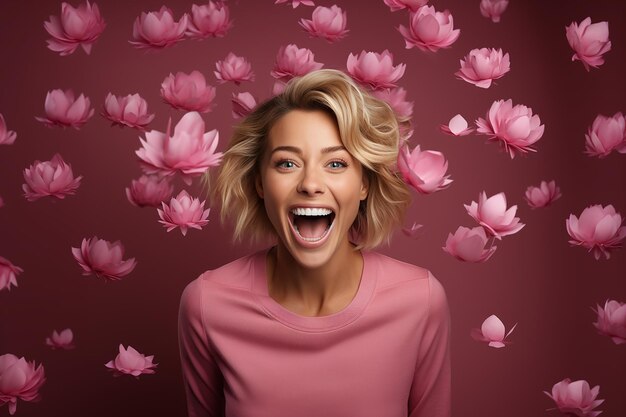 Una donna bionda con i capelli corti urla di gioia di gioia su uno sfondo rosa con fiori freschi
