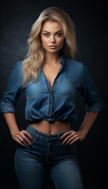 una donna bionda con una camicia blu sta posando per una foto.