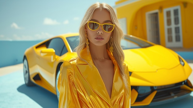 Una donna bionda, una top model in abito giallo, in piedi sullo sfondo di un'auto sportiva gialla.