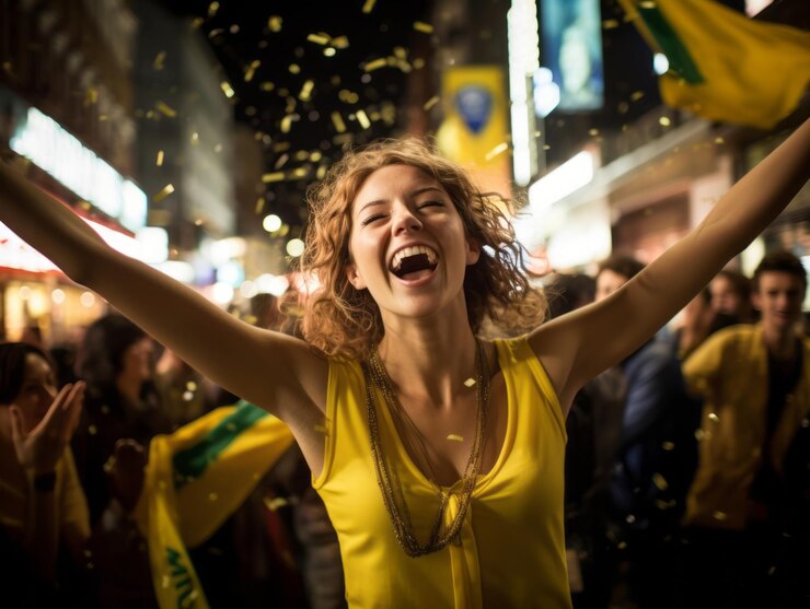 Foto una donna brasiliana celebra la vittoria della sua squadra di calcio
