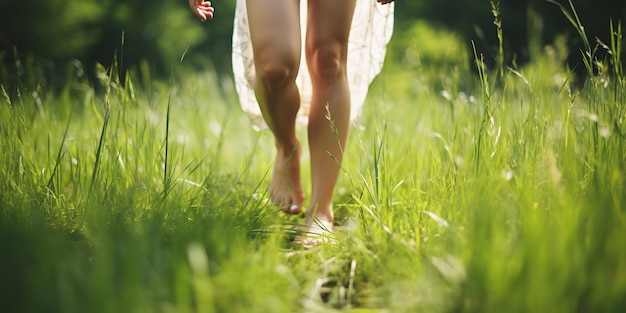 Una donna cammina a piedi nudi sull'erba verde all'aperto