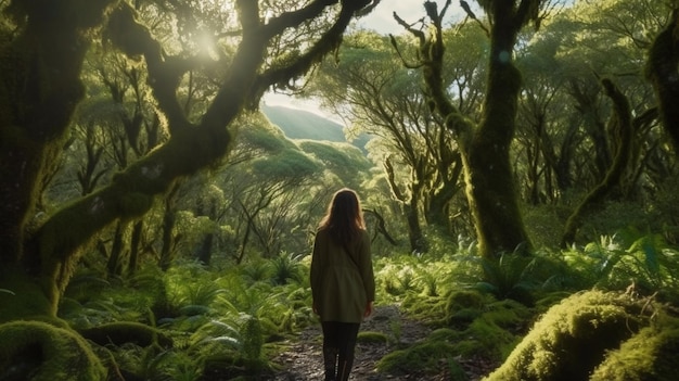 Una donna cammina attraverso una foresta con il sole che splende attraverso gli alberi.