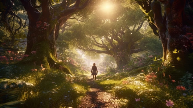 Una donna cammina attraverso una foresta con le parole "il signore degli anelli" sulla sinistra