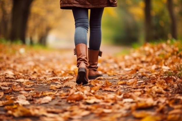 Una donna cammina attraverso una foresta indossando stivali.