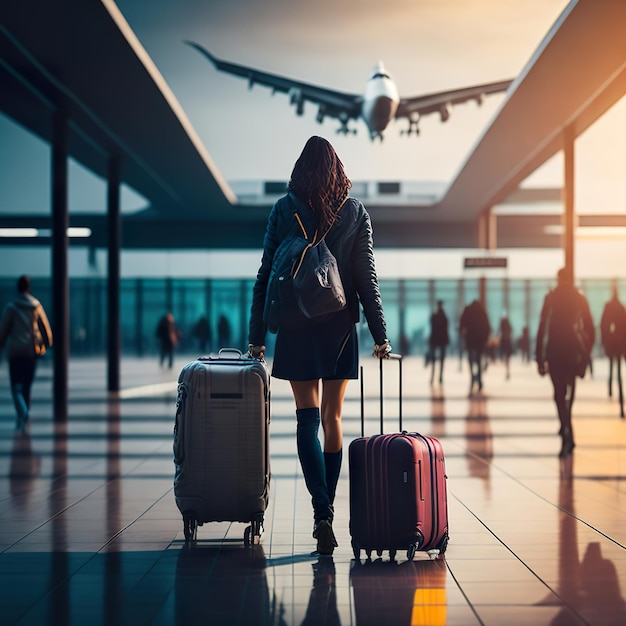 Una donna cammina con una valigia davanti a un aereo con un aereo sullo sfondo.