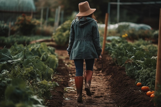 Una donna cammina in un orto con cappello e stivali.