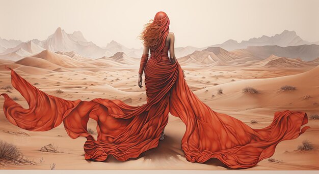 una donna cammina in una coperta rossa che fluttua