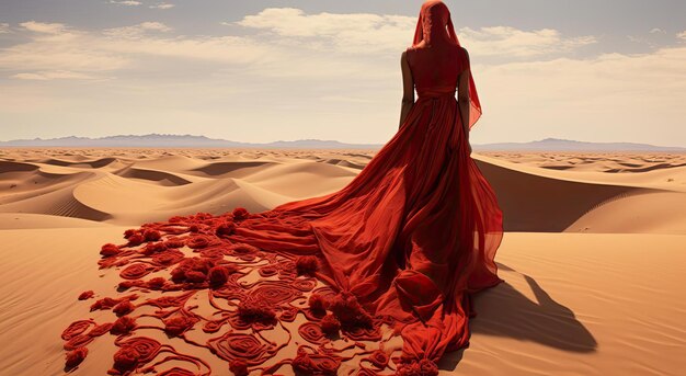 una donna cammina in una coperta rossa che fluttua