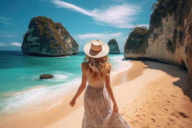 Una donna cammina lungo la spiaggia indossando un vestito e un cappello Una donna che si gode la vista sulla spiaggia o sull'oceano