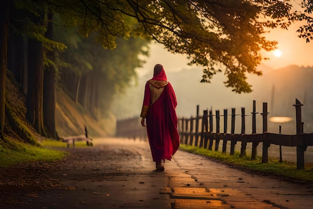Una donna cammina lungo un sentiero in una foresta al tramonto.