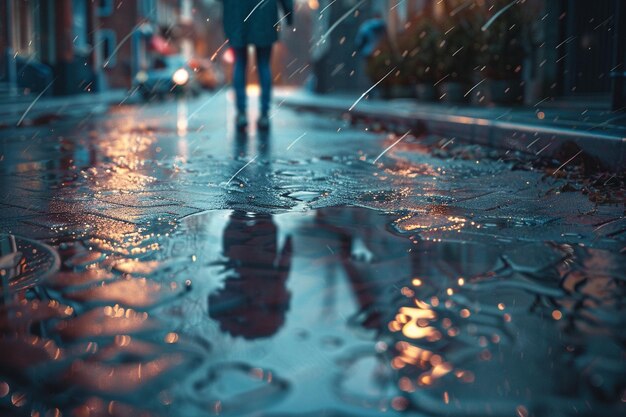una donna cammina lungo una strada bagnata sotto la pioggia