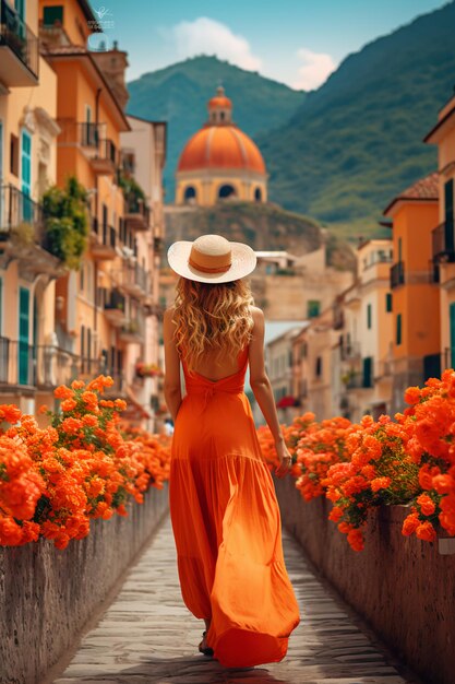 Una donna cammina lungo una strada stretta con fiori d'arancia.