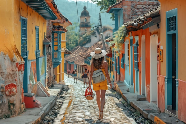 una donna cammina lungo una strada stretta con una borsa sulla spalla