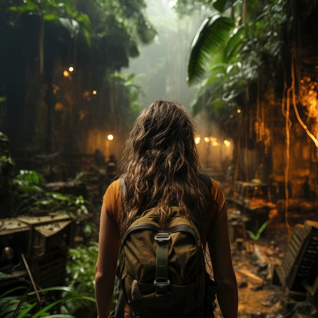 Una donna cammina nella giungla con uno zaino.
