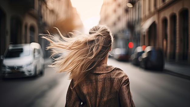 Una donna cammina per strada con i capelli al vento.