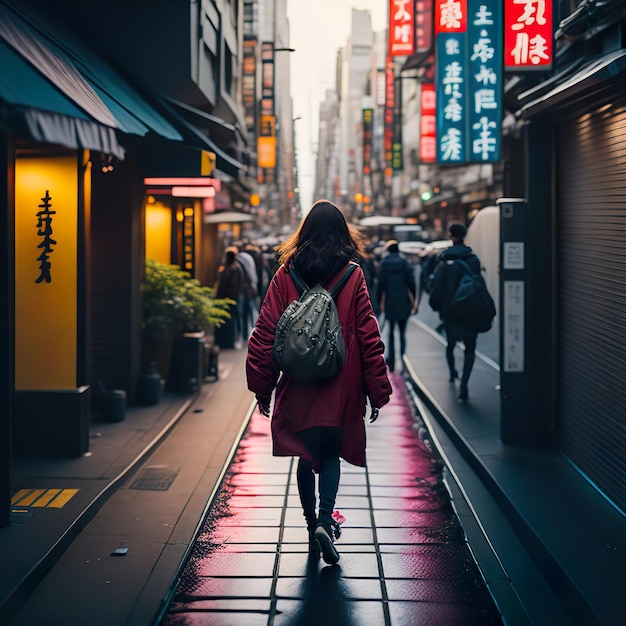 Una donna cammina per strada con un cartello che dice "shibuya".