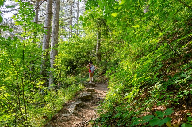 Una donna cammina su un sentiero nel bosco.