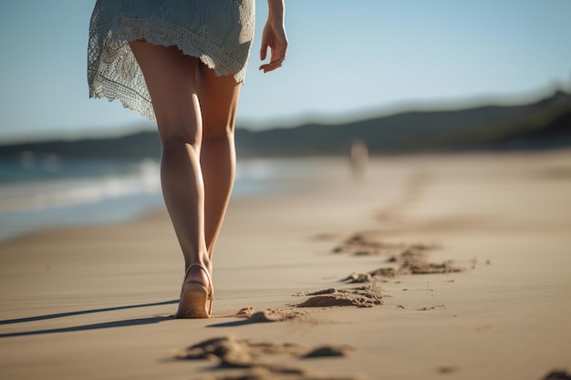 Una donna cammina sulla spiaggia con impronte nella sabbia.