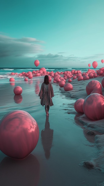 Una donna cammina sulla spiaggia con palline rosa che galleggiano nell'acqua.